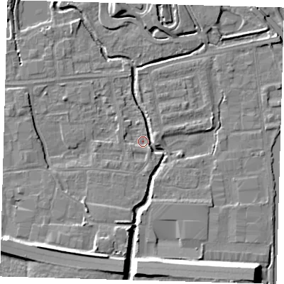Shaded relief map of the ground around EN87PN, computed from Environment Agency LiDAR. The ground here sits at about 18 m above sea level and falls 11 m across the surrounding 800 m. Surface water reaching this point runs off ground lying to the south-south-east, 9.9 m higher.