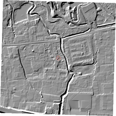 Shaded relief map of the ground around EN87PP, computed from Environment Agency LiDAR. The ground here sits at about 18 m above sea level and falls 9 m across the surrounding 800 m. Surface water reaching this point runs off ground lying to the south-east, 1.7 m higher.