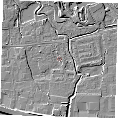 Shaded relief map of the ground around EN87PR, computed from Environment Agency LiDAR. The ground here sits at about 18 m above sea level and falls 10 m across the surrounding 800 m. Surface water reaching this point runs off ground lying to the south-south-west, 7.1 m higher.