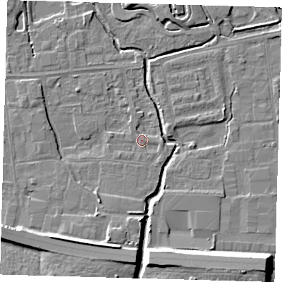 Shaded relief map of the ground around EN87PS, computed from Environment Agency LiDAR. The ground here sits at about 19 m above sea level and falls 11 m across the surrounding 800 m. Surface water reaching this point runs off ground lying to the east, 1.3 m higher.