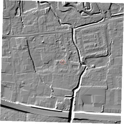 Shaded relief map of the ground around EN87PT, computed from Environment Agency LiDAR. The ground here sits at about 18 m above sea level and falls 11 m across the surrounding 800 m. Surface water reaching this point runs off ground lying to the east, 1.3 m higher.