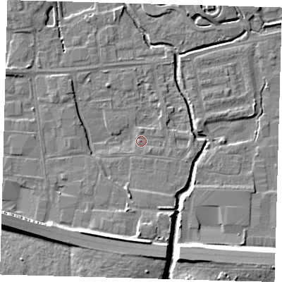Shaded relief map of the ground around EN87PU, computed from Environment Agency LiDAR. The ground here sits at about 18 m above sea level and falls 11 m across the surrounding 800 m. Surface water reaching this point runs off ground lying to the south-south-west, 7.0 m higher.