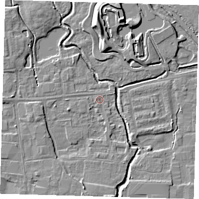 Shaded relief map of the ground around EN87PW, computed from Environment Agency LiDAR. The ground here sits at about 18 m above sea level and falls 10 m across the surrounding 800 m. Surface water reaching this point runs off ground lying to the south, 4.1 m higher.