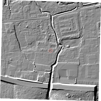 Shaded relief map of the ground around EN87PX, computed from Environment Agency LiDAR. The ground here sits at about 18 m above sea level and falls 11 m across the surrounding 800 m. Surface water reaching this point runs off ground lying to the north-east, 1.3 m higher.