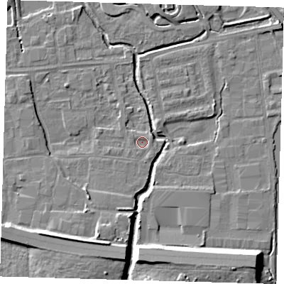 Shaded relief map of the ground around EN87PY, computed from Environment Agency LiDAR. The ground here sits at about 18 m above sea level and falls 11 m across the surrounding 800 m. Surface water reaching this point runs off ground lying to the east-north-east, 1.3 m higher.