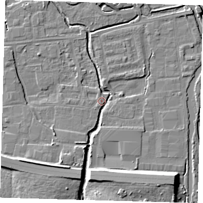 Shaded relief map of the ground around EN87PZ, computed from Environment Agency LiDAR. The ground here sits at about 19 m above sea level and falls 11 m across the surrounding 800 m. Surface water reaching this point runs off ground lying to the south-south-west, 4.5 m higher.