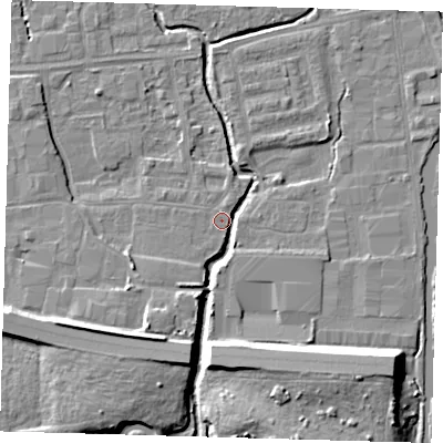 Shaded relief map of the ground around EN87QA, computed from Environment Agency LiDAR. The ground here sits at about 18 m above sea level and falls 11 m across the surrounding 800 m. Surface water reaching this point runs off ground lying to the south-south-west, 4.5 m higher.