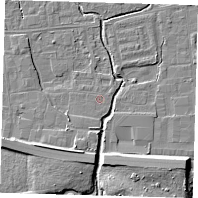 Shaded relief map of the ground around EN87QB, computed from Environment Agency LiDAR. The ground here sits at about 18 m above sea level and falls 11 m across the surrounding 800 m. Surface water reaching this point runs off ground lying to the south-west, 0.6 m higher.