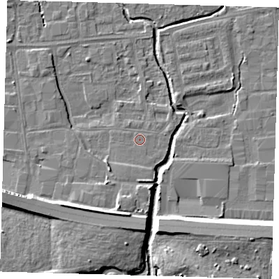Shaded relief map of the ground around EN87QD, computed from Environment Agency LiDAR. The ground here sits at about 19 m above sea level and falls 11 m across the surrounding 800 m. Surface water reaching this point runs off ground lying to the south-south-west, 1.8 m higher.