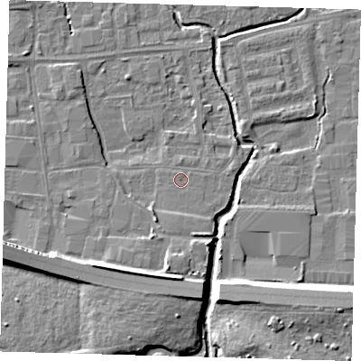 Shaded relief map of the ground around EN87QE, computed from Environment Agency LiDAR. The ground here sits at about 19 m above sea level and falls 11 m across the surrounding 800 m. Surface water reaching this point runs off ground lying to the south, 1.8 m higher.