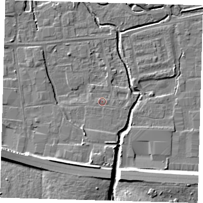 Shaded relief map of the ground around EN87QF, computed from Environment Agency LiDAR. The ground here sits at about 19 m above sea level and falls 11 m across the surrounding 800 m. Surface water reaching this point runs off ground lying to the east-north-east, 1.3 m higher.