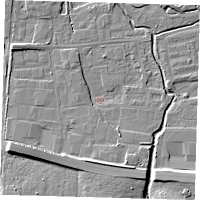 Shaded relief map of the ground around EN87QH, computed from Environment Agency LiDAR. The ground here sits at about 18 m above sea level and falls 11 m across the surrounding 800 m. Surface water reaching this point runs off ground lying to the south, 7.1 m higher.
