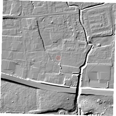 Shaded relief map of the ground around EN87QJ, computed from Environment Agency LiDAR. The ground here sits at about 19 m above sea level and falls 11 m across the surrounding 800 m. Surface water reaching this point runs off ground lying to the south, 6.0 m higher.