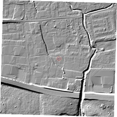 Shaded relief map of the ground around EN87QL, computed from Environment Agency LiDAR. The ground here sits at about 19 m above sea level and falls 11 m across the surrounding 800 m. Surface water reaching this point runs off ground lying to the west-south-west, 0.7 m higher.