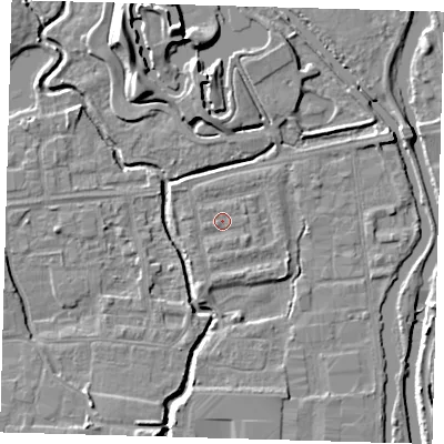 Shaded relief map of the ground around EN87QP, computed from Environment Agency LiDAR. The ground here sits at about 19 m above sea level and falls 10 m across the surrounding 800 m. Surface water reaching this point runs off ground lying to the east-south-east, 1.5 m higher.