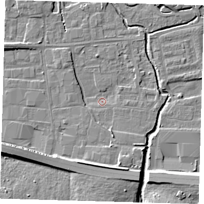 Shaded relief map of the ground around EN87QQ, computed from Environment Agency LiDAR. The ground here sits at about 18 m above sea level and falls 11 m across the surrounding 800 m. Surface water reaching this point runs off ground lying to the south, 7.1 m higher.