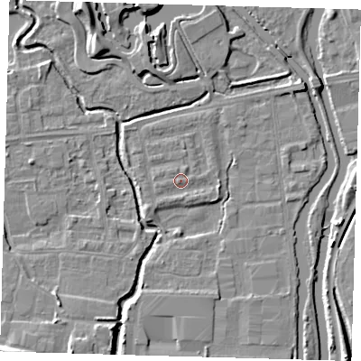 Shaded relief map of the ground around EN87QR, computed from Environment Agency LiDAR. The ground here sits at about 19 m above sea level and falls 9 m across the surrounding 800 m. Surface water reaching this point runs off ground lying to the east-south-east, 1.5 m higher.