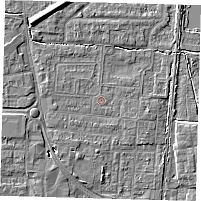 Shaded relief map of the ground around EN87QS, computed from Environment Agency LiDAR. The ground here sits at about 20 m above sea level and falls 9 m across the surrounding 800 m. Surface water reaching this point runs off ground lying to the west-north-west, 1.6 m higher.