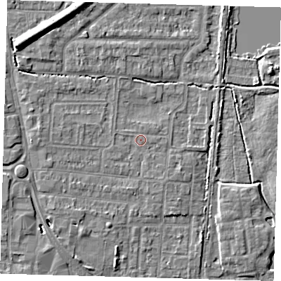 Shaded relief map of the ground around EN87QT, computed from Environment Agency LiDAR. The ground here sits at about 20 m above sea level and falls 10 m across the surrounding 800 m. Surface water reaching this point runs off ground lying to the west-south-west, 0.7 m higher.