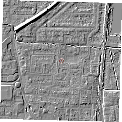 Shaded relief map of the ground around EN87QU, computed from Environment Agency LiDAR. The ground here sits at about 20 m above sea level and falls 9 m across the surrounding 800 m. Surface water reaching this point runs off ground lying to the south, 0.7 m higher.