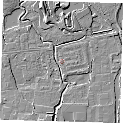 Shaded relief map of the ground around EN87QW, computed from Environment Agency LiDAR. The ground here sits at about 19 m above sea level and falls 10 m across the surrounding 800 m. Surface water reaching this point runs off ground lying to the east-south-east, 1.6 m higher.