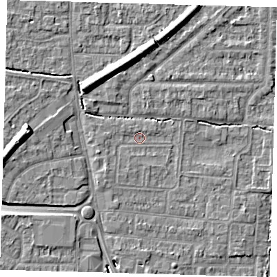 Shaded relief map of the ground around EN87QZ, computed from Environment Agency LiDAR. The ground here sits at about 21 m above sea level and falls 10 m across the surrounding 800 m. Surface water reaching this point runs off ground lying to the west-north-west, 1.4 m higher.