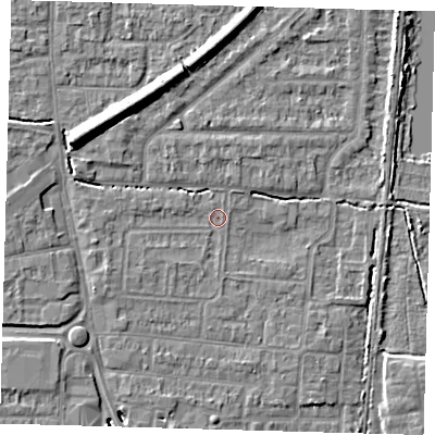 Shaded relief map of the ground around EN87RB, computed from Environment Agency LiDAR. The ground here sits at about 20 m above sea level and falls 9 m across the surrounding 800 m. Surface water reaching this point runs off ground lying to the west-north-west, 2.8 m higher.