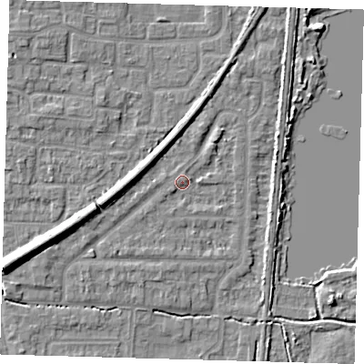 Shaded relief map of the ground around EN87RD, computed from Environment Agency LiDAR. The ground here sits at about 20 m above sea level and falls 9 m across the surrounding 800 m. Surface water reaching this point runs off ground lying to the west-south-west, 7.2 m higher.