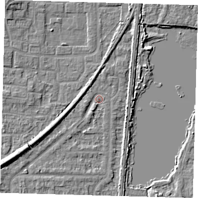 Shaded relief map of the ground around EN87RE, computed from Environment Agency LiDAR. The ground here sits at about 20 m above sea level and falls 8 m across the surrounding 800 m. Surface water reaching this point runs off ground lying to the south-west, 6.8 m higher.