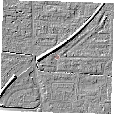 Shaded relief map of the ground around EN87RG, computed from Environment Agency LiDAR. The ground here sits at about 21 m above sea level and falls 10 m across the surrounding 800 m. Surface water reaching this point runs off ground lying to the west, 6.3 m higher.