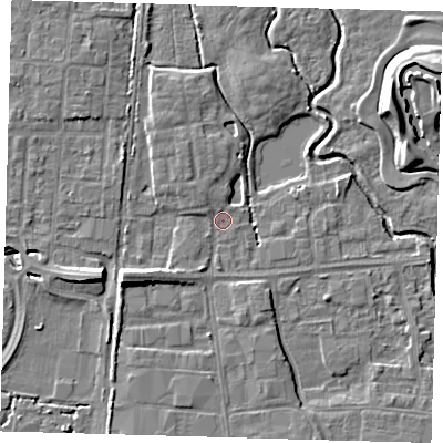 Shaded relief map of the ground around EN87RL, computed from Environment Agency LiDAR. The ground here sits at about 19 m above sea level and falls 9 m across the surrounding 800 m. Surface water reaching this point runs off ground lying to the west-south-west, 6.1 m higher.