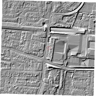 Shaded relief map of the ground around EN87RR, computed from Environment Agency LiDAR. The ground here sits at about 20 m above sea level and falls 11 m across the surrounding 800 m. Surface water reaching this point runs off ground lying to the north, 2.7 m higher.