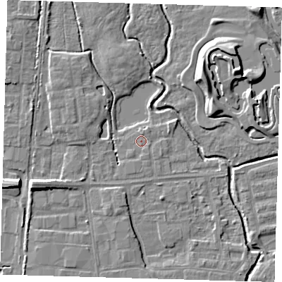 Shaded relief map of the ground around EN87RY, computed from Environment Agency LiDAR. The ground here sits at about 18 m above sea level and falls 10 m across the surrounding 800 m. Surface water reaching this point runs off ground lying to the north-north-east, 0.9 m higher.