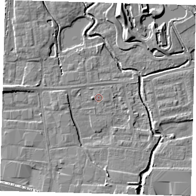 Shaded relief map of the ground around EN87SA, computed from Environment Agency LiDAR. The ground here sits at about 19 m above sea level and falls 10 m across the surrounding 800 m. Surface water reaching this point runs off ground lying to the south, 4.1 m higher.