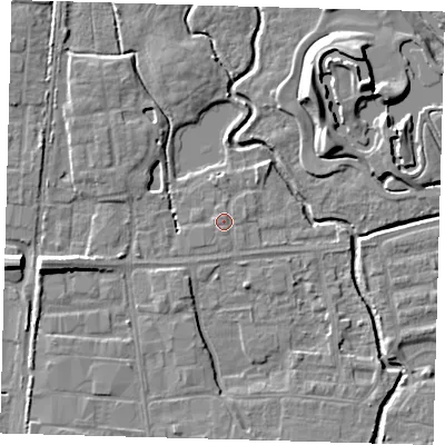 Shaded relief map of the ground around EN87SD, computed from Environment Agency LiDAR. The ground here sits at about 19 m above sea level and falls 10 m across the surrounding 800 m. Surface water reaching this point runs off ground lying to the east-north-east, 0.6 m higher.