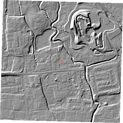 Shaded relief map of the ground around EN87SF, computed from Environment Agency LiDAR. The ground here sits at about 18 m above sea level and falls 10 m across the surrounding 800 m. Surface water reaching this point runs off ground lying to the west-south-west, 2.7 m higher.