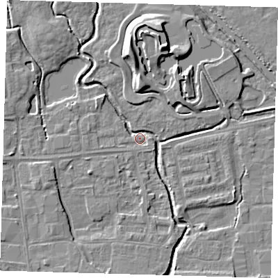 Shaded relief map of the ground around EN87SG, computed from Environment Agency LiDAR. The ground here sits at about 18 m above sea level and falls 10 m across the surrounding 800 m. Surface water reaching this point runs off ground lying to the north, 8.7 m higher.