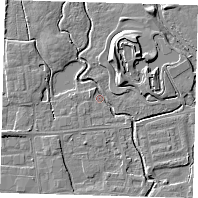 Shaded relief map of the ground around EN87SH, computed from Environment Agency LiDAR. The ground here sits at about 18 m above sea level and falls 10 m across the surrounding 800 m. Surface water reaching this point runs off ground lying to the north-north-east, 8.7 m higher.