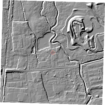 Shaded relief map of the ground around EN87SJ, computed from Environment Agency LiDAR. The ground here sits at about 18 m above sea level and falls 10 m across the surrounding 800 m. Surface water reaching this point runs off ground lying to the north-east, 1.2 m higher.