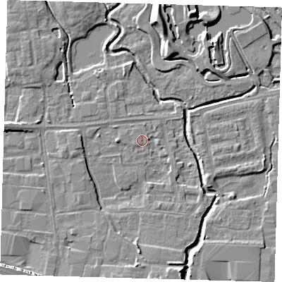 Shaded relief map of the ground around EN87SL, computed from Environment Agency LiDAR. The ground here sits at about 18 m above sea level and falls 10 m across the surrounding 800 m. Surface water reaching this point runs off ground lying to the south, 4.1 m higher.