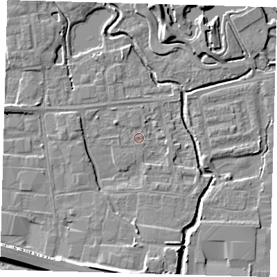 Shaded relief map of the ground around EN87SN, computed from Environment Agency LiDAR. The ground here sits at about 18 m above sea level and falls 10 m across the surrounding 800 m. Surface water reaching this point runs off ground lying to the south, 7.2 m higher.
