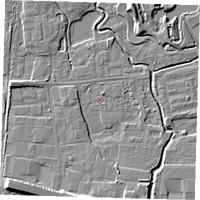Shaded relief map of the ground around EN87SP, computed from Environment Agency LiDAR. The ground here sits at about 18 m above sea level and falls 10 m across the surrounding 800 m. Surface water reaching this point runs off ground lying to the south-west, 9.1 m higher.