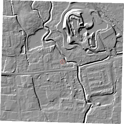 Shaded relief map of the ground around EN87SQ, computed from Environment Agency LiDAR. The ground here sits at about 18 m above sea level and falls 10 m across the surrounding 800 m. Surface water reaching this point runs off ground lying to the north-north-east, 8.7 m higher.