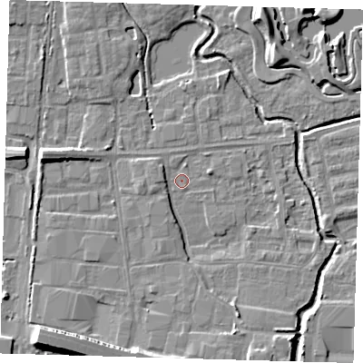 Shaded relief map of the ground around EN87SR, computed from Environment Agency LiDAR. The ground here sits at about 18 m above sea level and falls 10 m across the surrounding 800 m. Surface water reaching this point runs off ground lying to the south-south-west, 9.1 m higher.