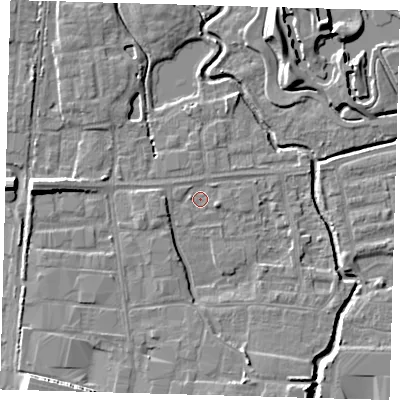Shaded relief map of the ground around EN87SS, computed from Environment Agency LiDAR. The ground here sits at about 18 m above sea level and falls 10 m across the surrounding 800 m. Surface water reaching this point runs off ground lying to the east-south-east, 1.3 m higher.