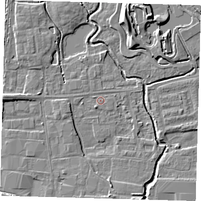 Shaded relief map of the ground around EN87ST, computed from Environment Agency LiDAR. The ground here sits at about 19 m above sea level and falls 10 m across the surrounding 800 m. Surface water reaching this point runs off ground lying to the west-north-west, 0.7 m higher.