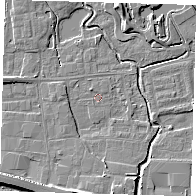 Shaded relief map of the ground around EN87SW, computed from Environment Agency LiDAR. The ground here sits at about 18 m above sea level and falls 10 m across the surrounding 800 m. Surface water reaching this point runs off ground lying to the south, 5.4 m higher.