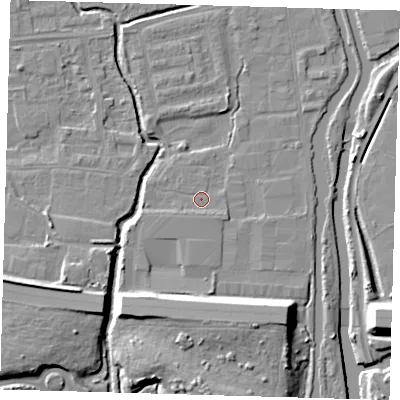 Shaded relief map of the ground around EN87SX, computed from Environment Agency LiDAR. The ground here sits at about 19 m above sea level and falls 11 m across the surrounding 800 m. Surface water reaching this point runs off ground lying to the south, 1.2 m higher.