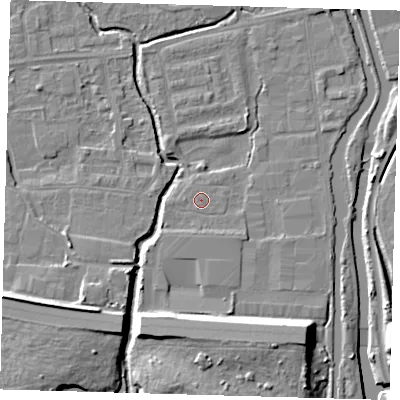 Shaded relief map of the ground around EN87SY, computed from Environment Agency LiDAR. The ground here sits at about 19 m above sea level and falls 11 m across the surrounding 800 m. Surface water reaching this point runs off ground lying to the south-south-west, 1.1 m higher.