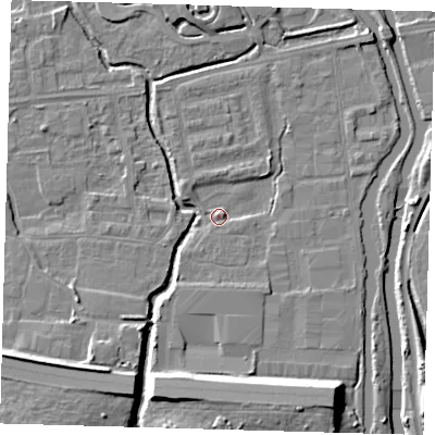 Shaded relief map of the ground around EN87SZ, computed from Environment Agency LiDAR. The ground here sits at about 19 m above sea level and falls 11 m across the surrounding 800 m. Surface water reaching this point runs off ground lying to the south-south-east, 8.8 m higher.